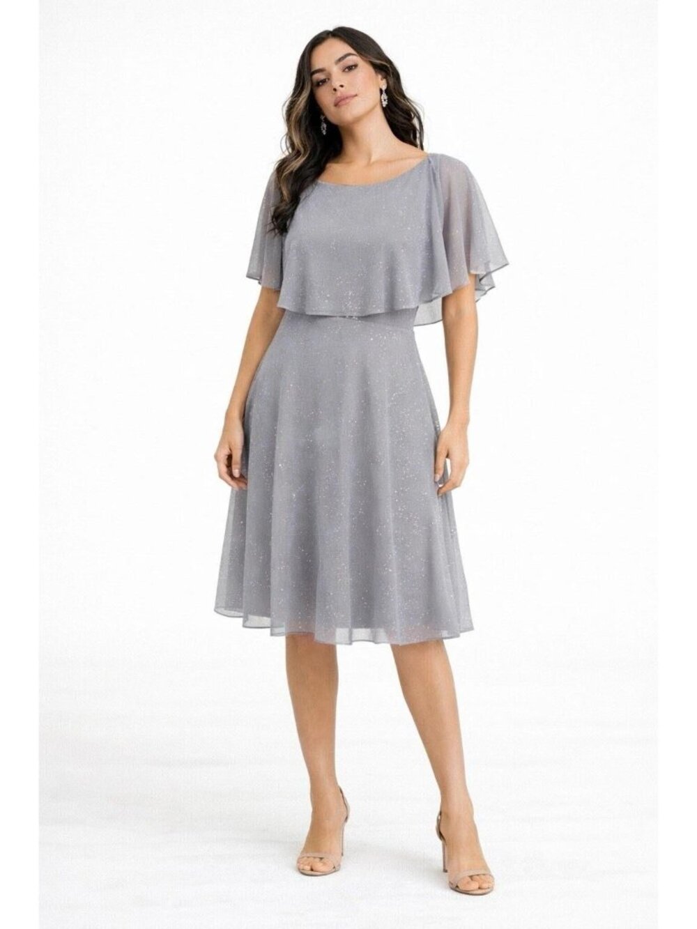 J. Taylor Fit Flare Cape Dress Sz 12 Silver Glitter Gray Chiffon Flutter Sleeve
